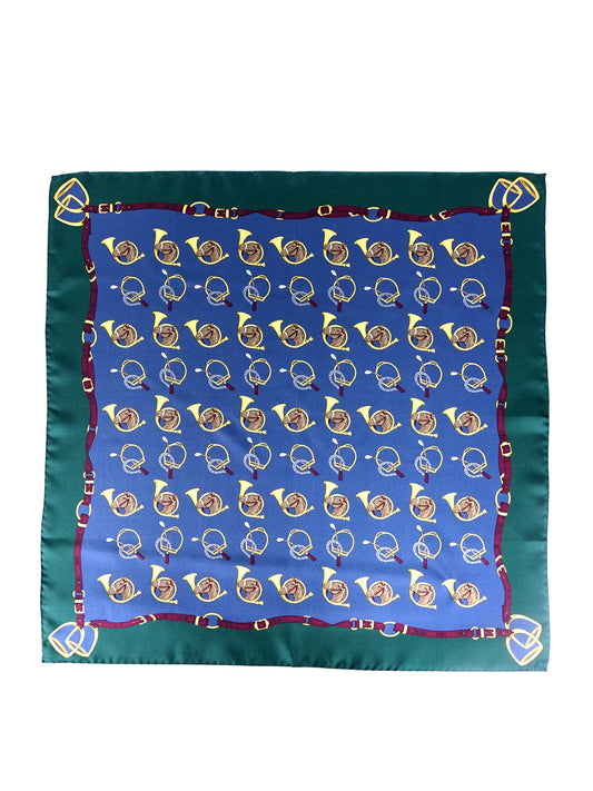 Blue scarf 70x70cm in printed silk TRUMPETS