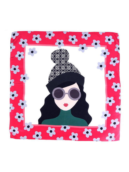 Red scarf 70x70cm in crinkled silk printed LADY