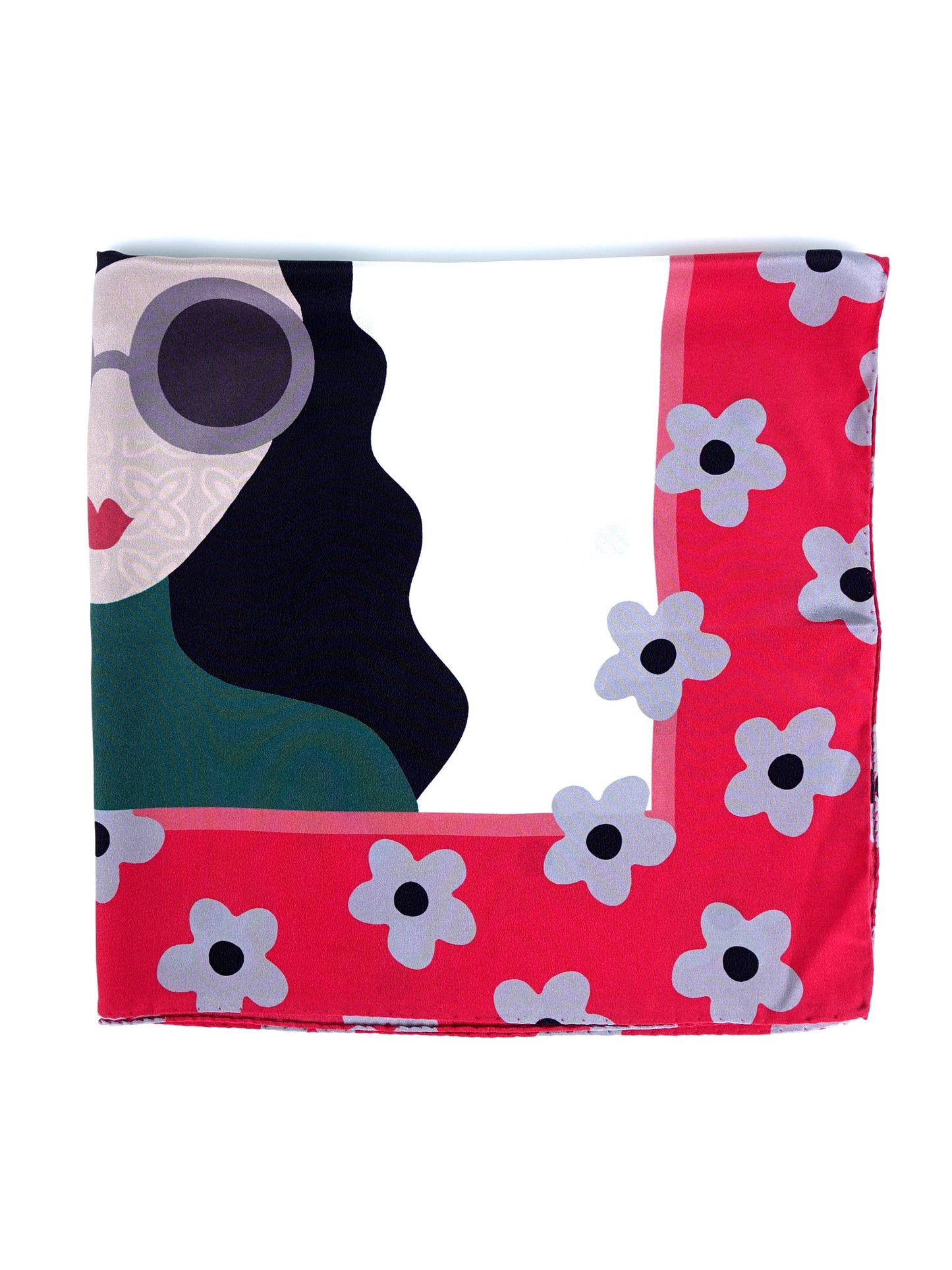 Red scarf 70x70cm in crinkled silk printed LADY