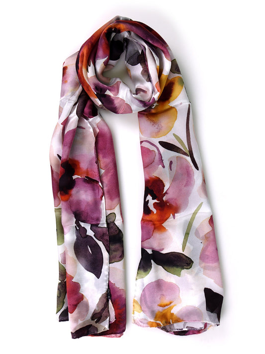 Printed pure silk satin stole with GARDEN floral motif