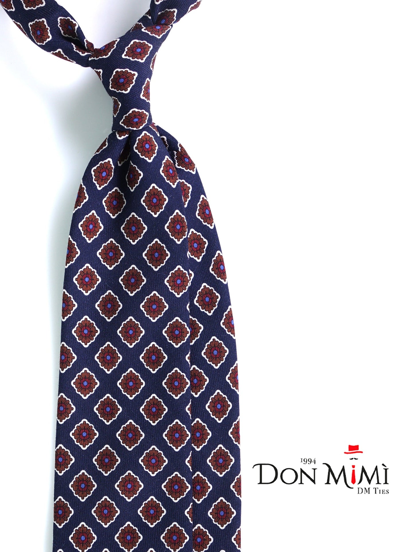 Dark Blue Tie 3 Folds GASTONE in English Printed Challis Wool