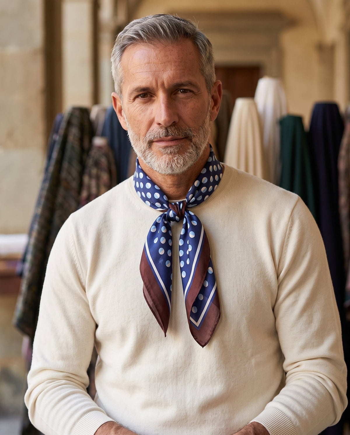 Men's foulard with blue and brown polka dots in printed silk SMEAGOL