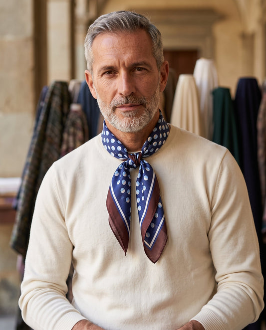 Men's foulard with blue and brown polka dots in printed silk SMEAGOL