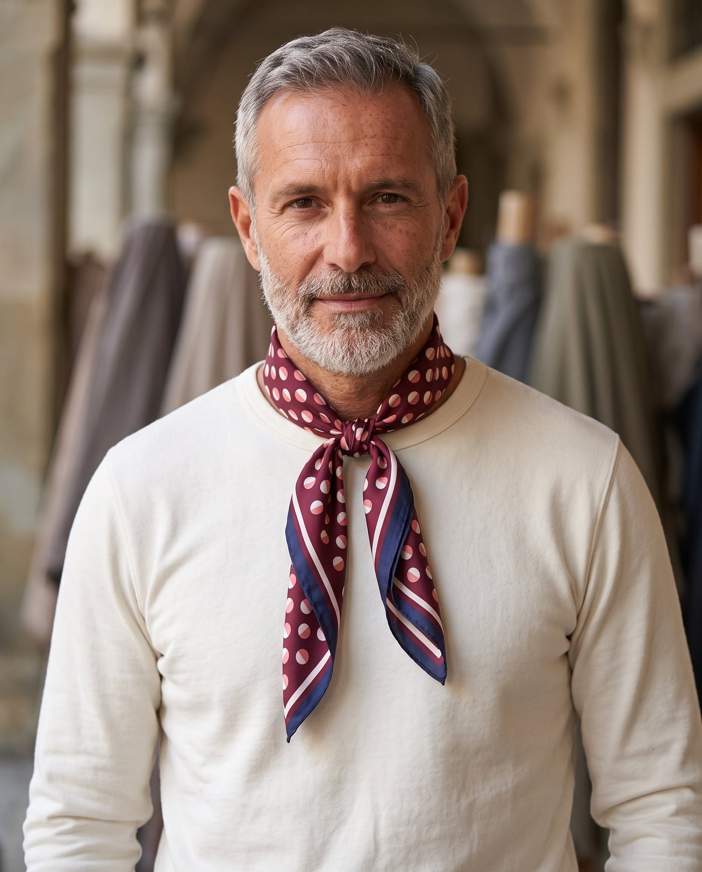 Men's foulard with burgundy and navy blue polka dots in printed silk SMEAGOL