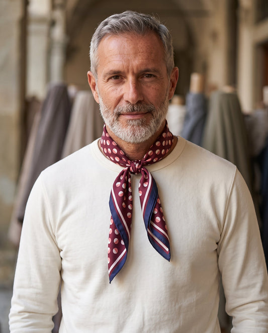 Men's foulard with burgundy and navy blue polka dots in printed silk SMEAGOL
