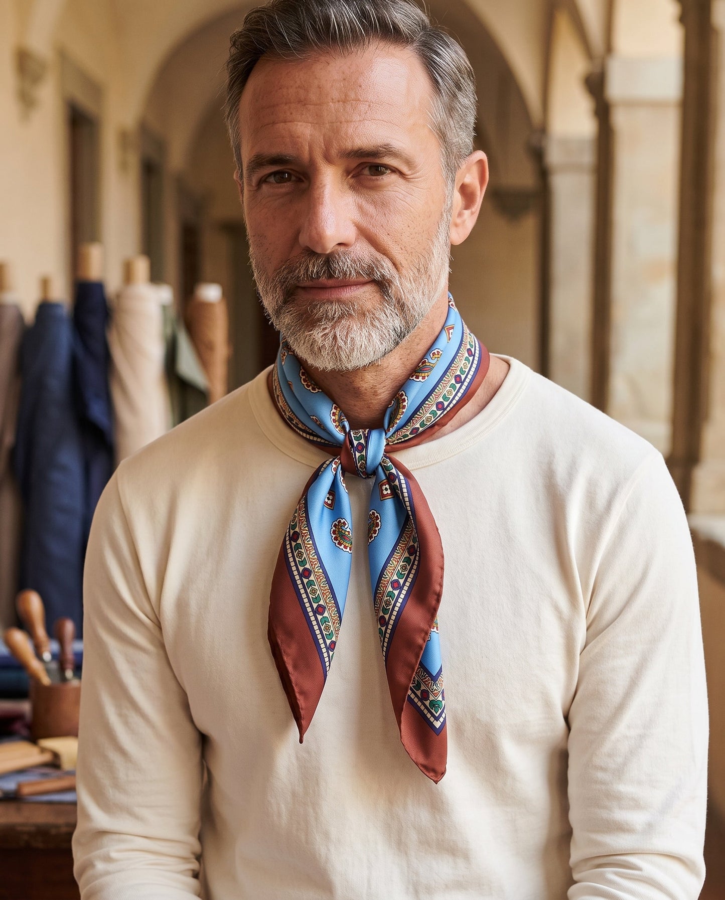 TRON light blue printed silk foulard