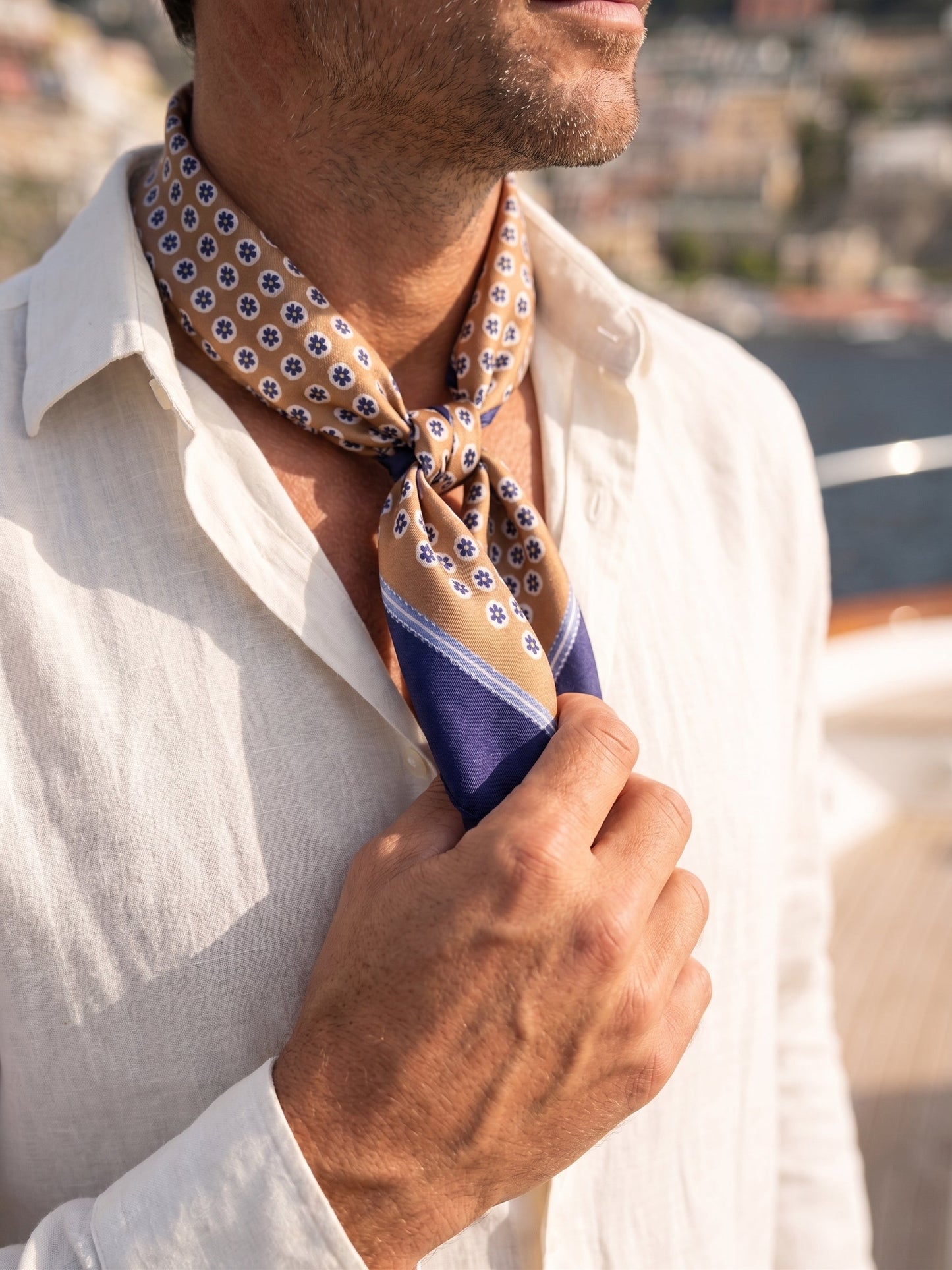 IMA camel brown printed silk foulard