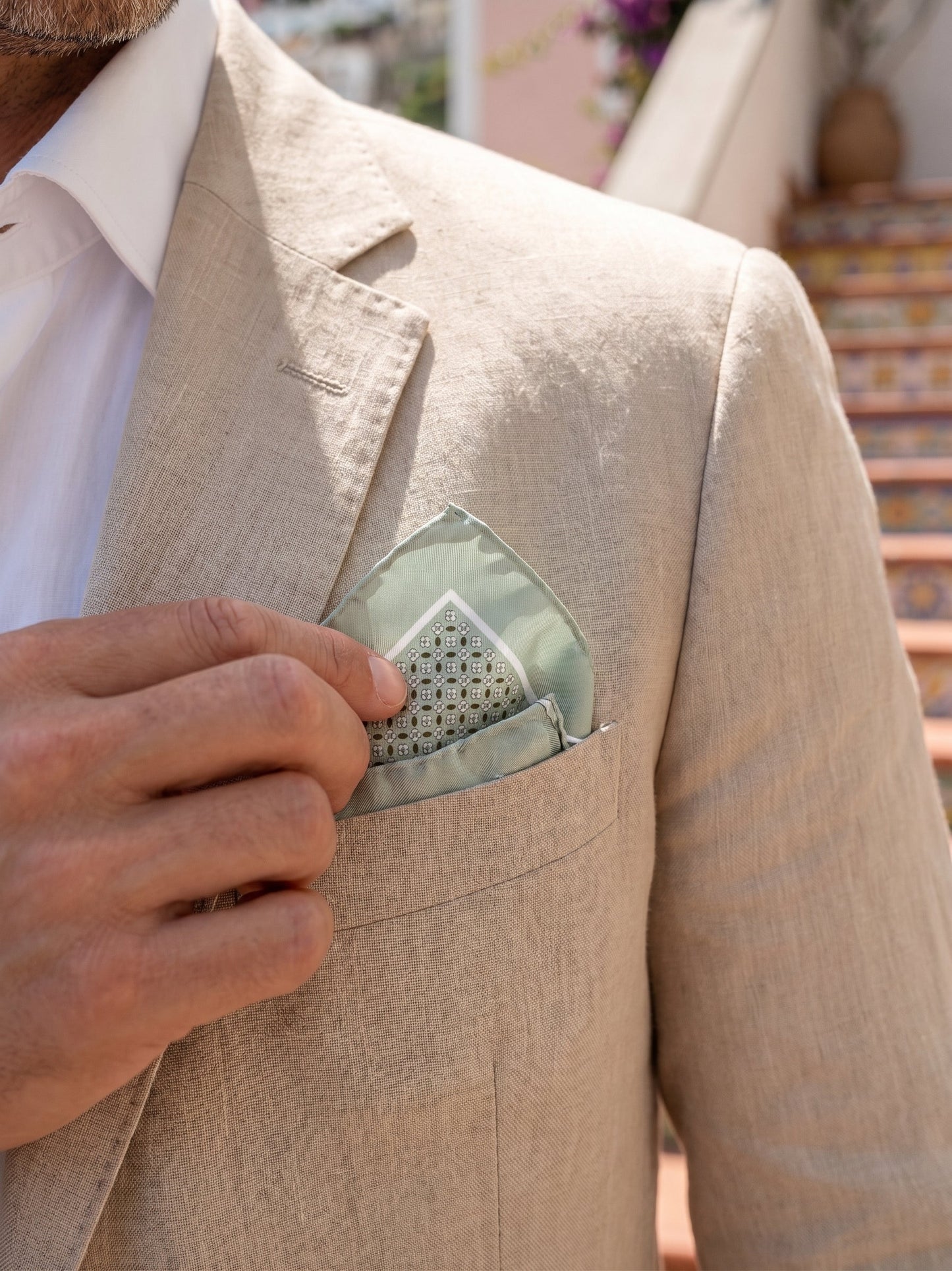 KAREN green printed silk pocket square