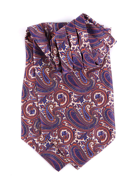 White\orange double-pointed ascot in printed satin silk KHONSU