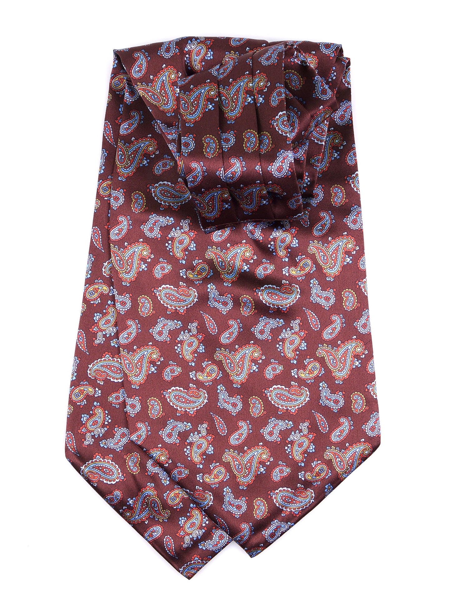 Brown double-pointed ascot in printed satin silk LEVIOS