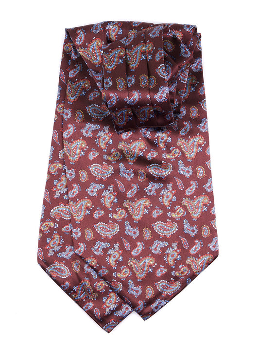 Brown double-pointed ascot in printed satin silk LEVIOS