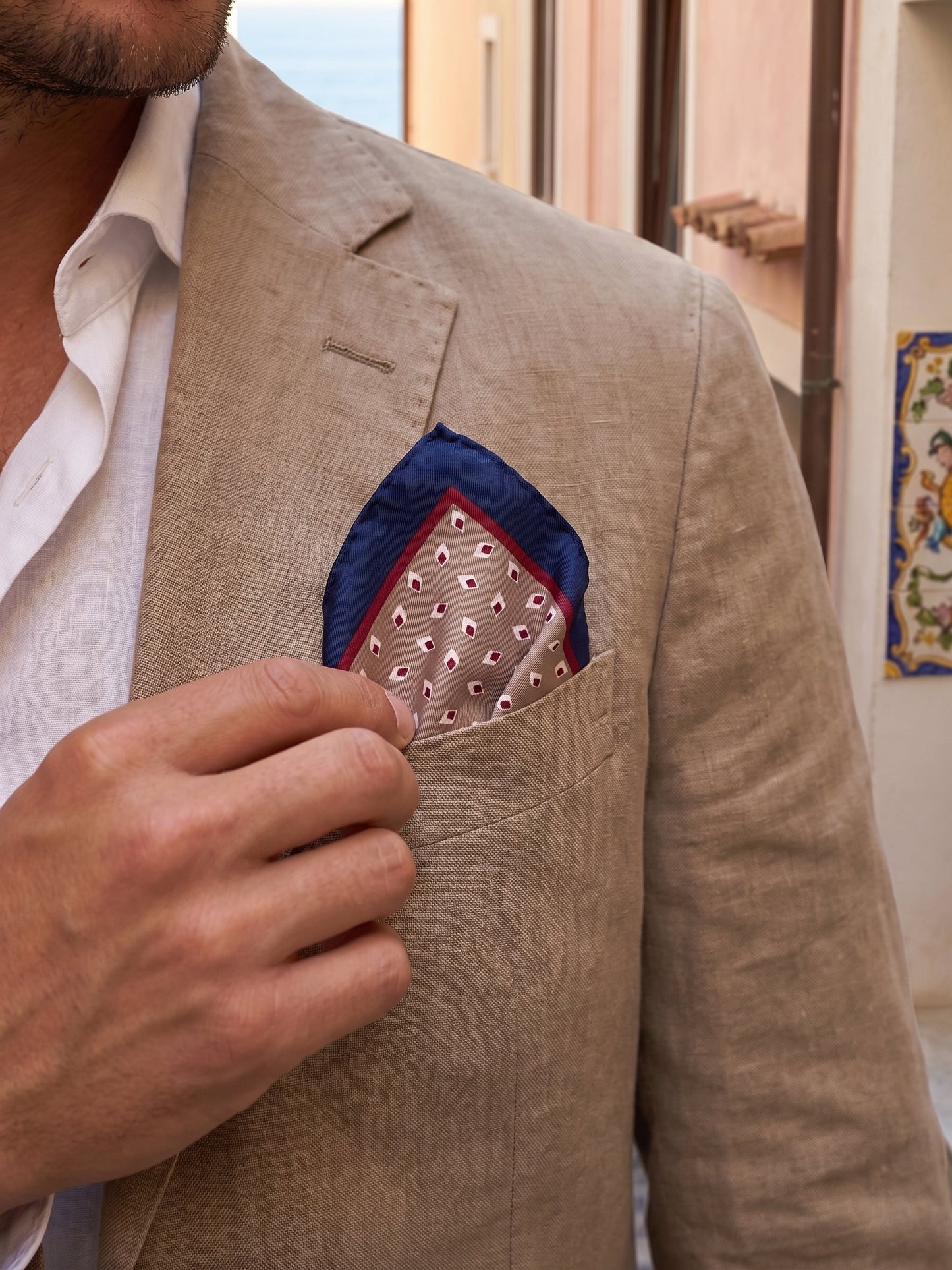 Beige printed silk pocket square LEVRAM