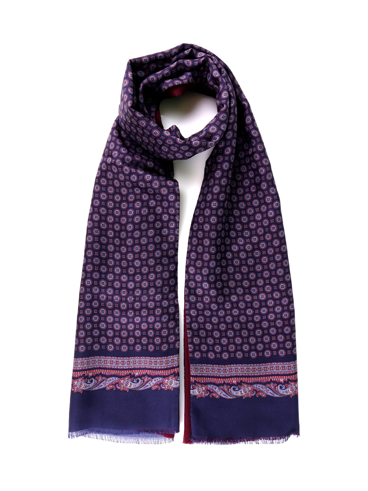 MACRON Double-Faced Printed Silk and Wool Navy Blue Scarf