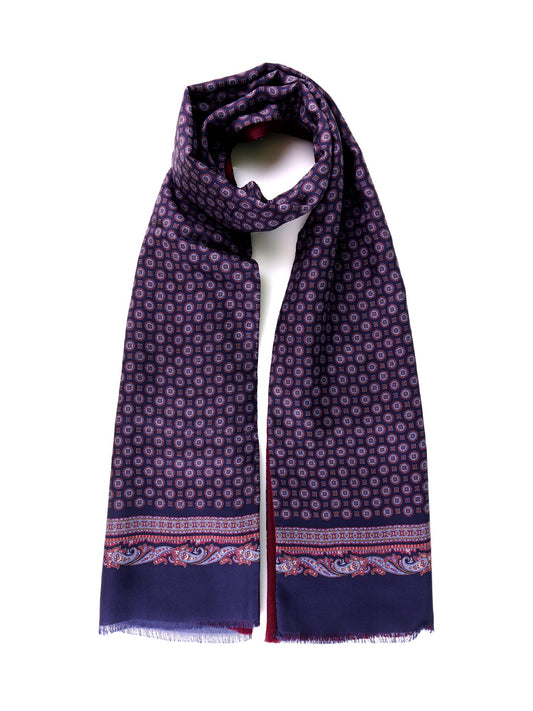 MACRON Double-Faced Printed Silk and Wool Navy Blue Scarf