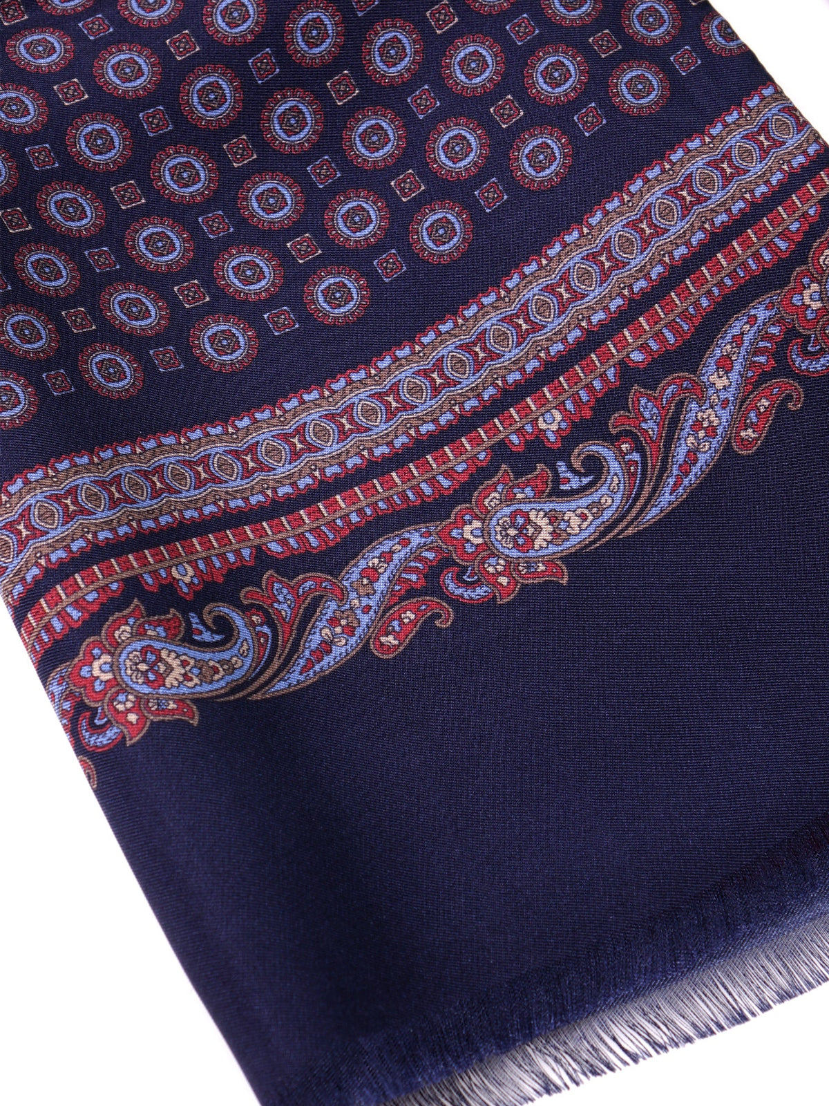 MACRON Double-Faced Printed Silk and Wool Navy Blue Scarf