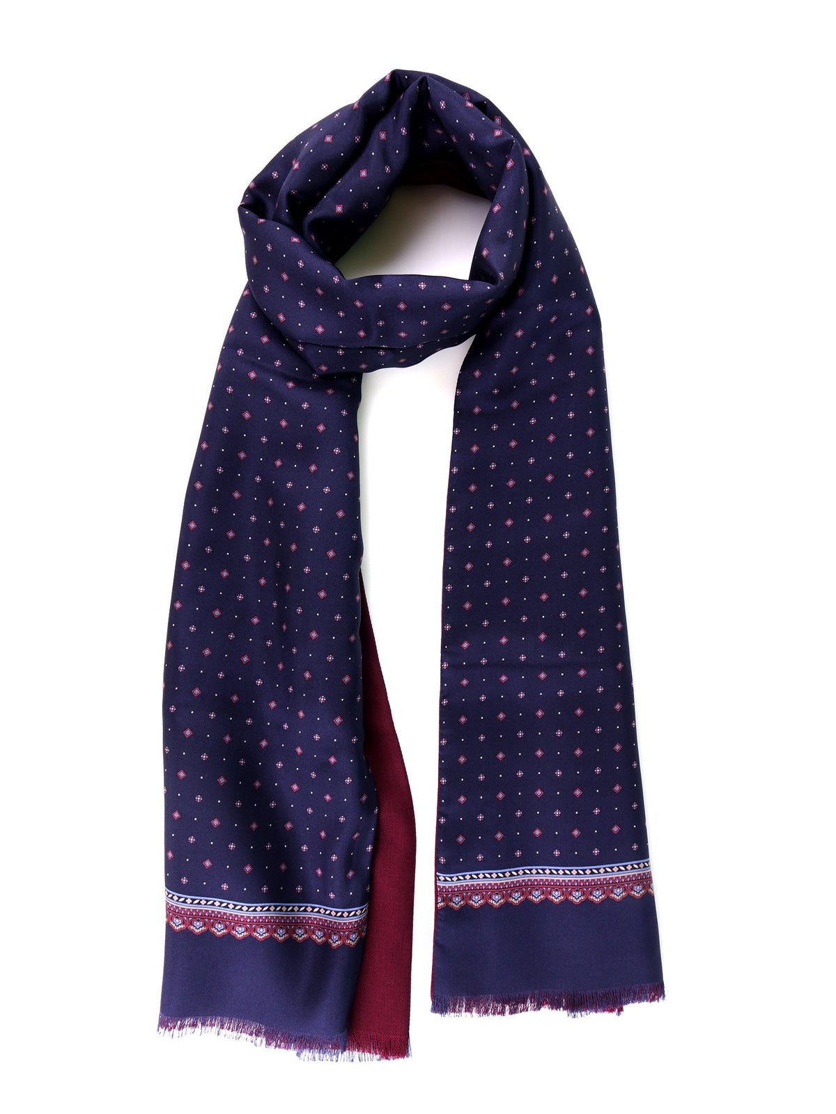 Navy blue double-faced printed silk/wool scarf MAFFEY