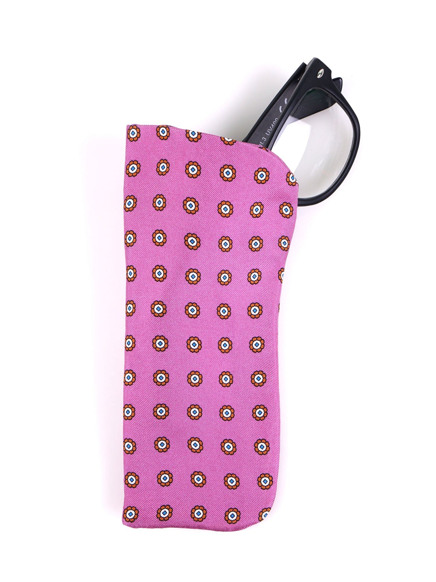 MANOLA pink glasses case in English printed silk