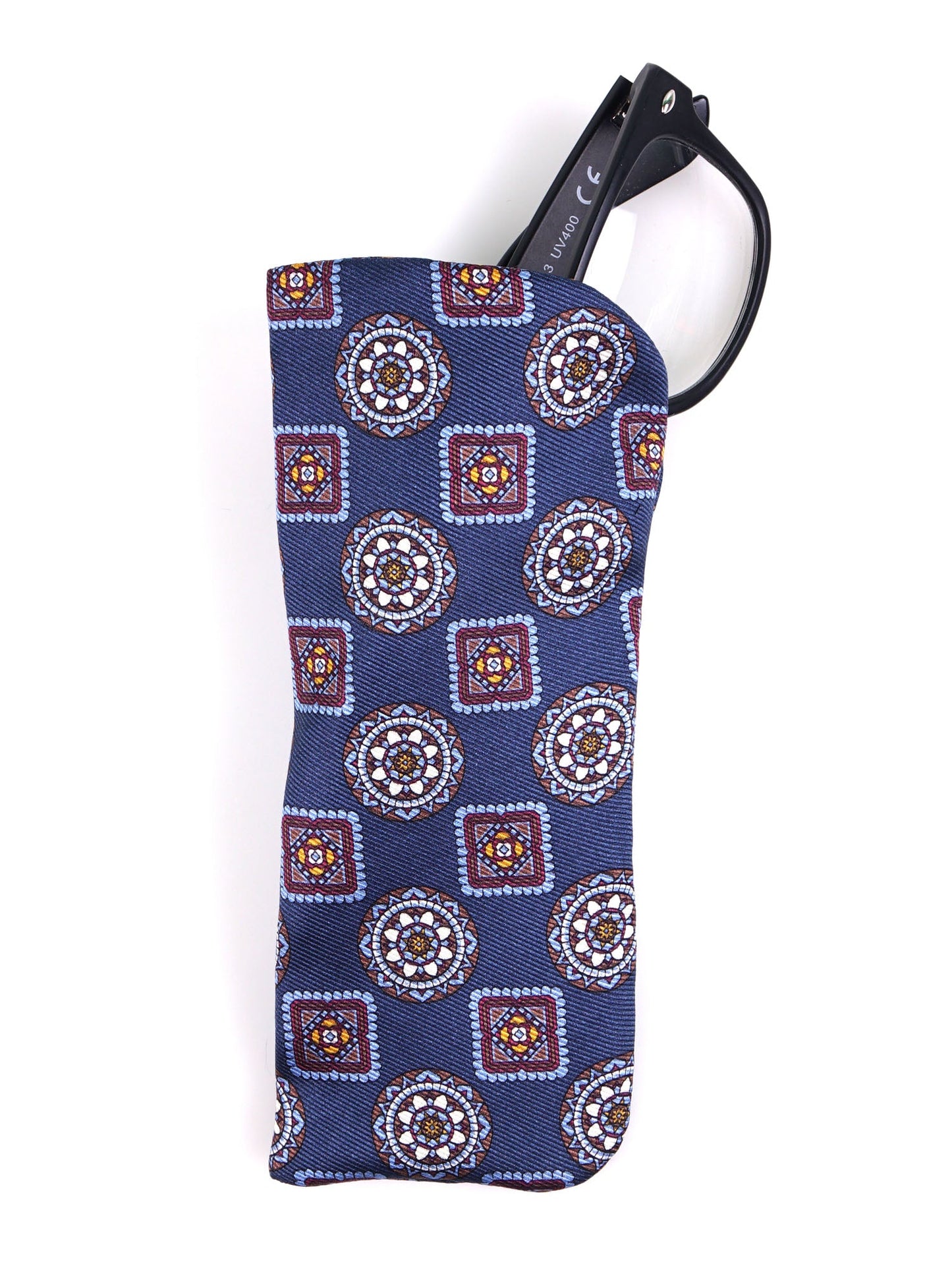 MARCUS blue glasses case in English printed silk