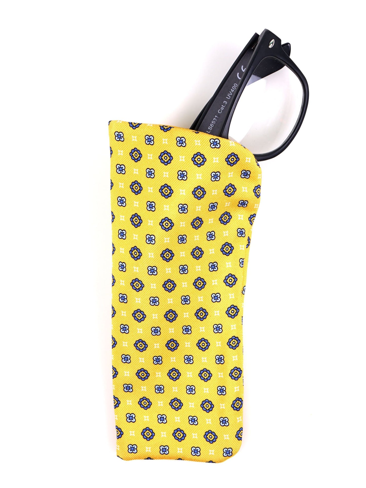 MARINA yellow glasses case in English printed silk