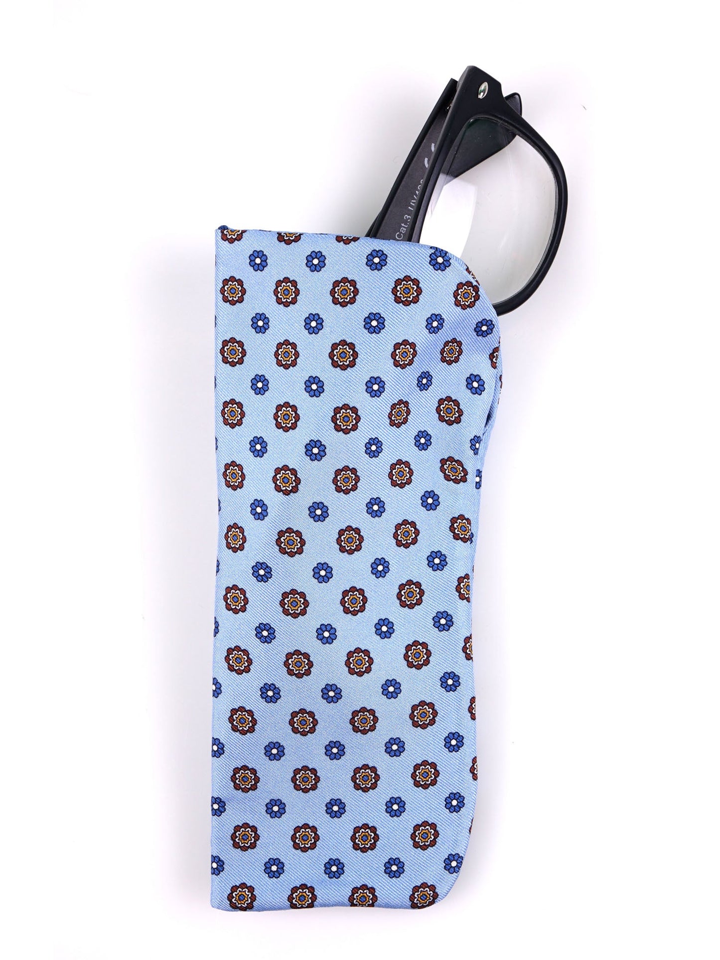 Light blue MATIDA glasses case in English printed silk