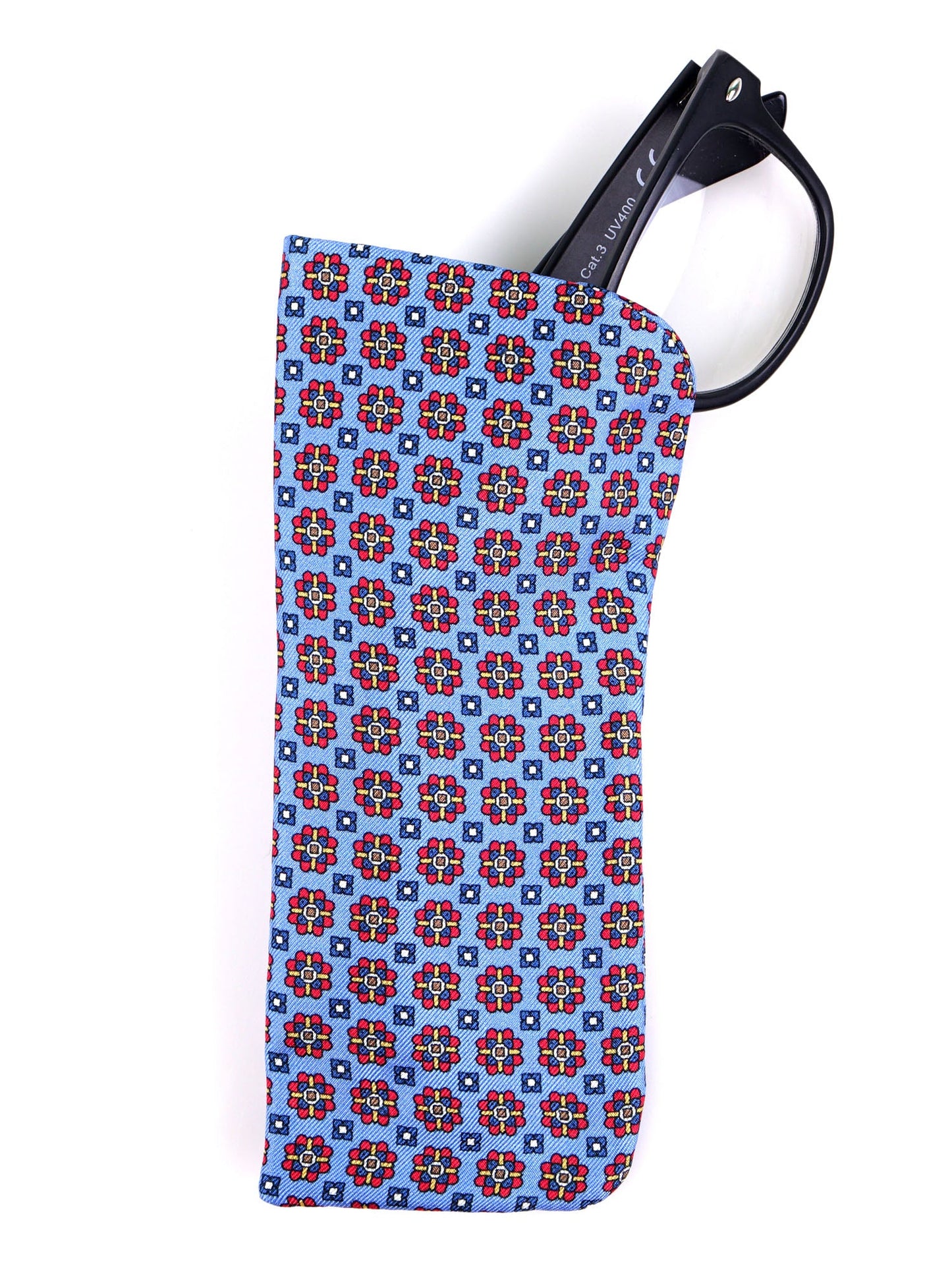 MICAEL light blue glasses case in English printed silk