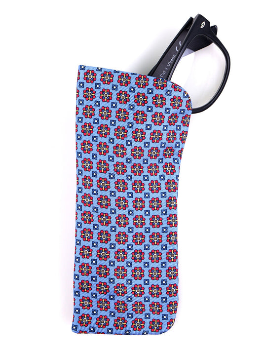 MICAEL light blue glasses case in English printed silk