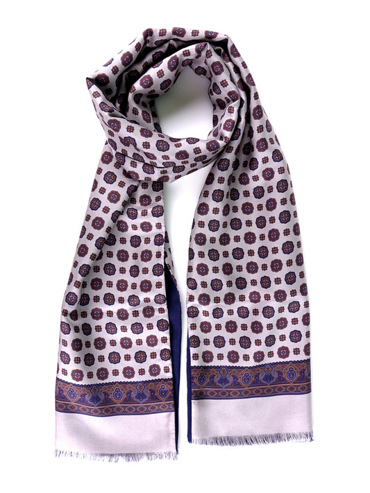 MIMOSA grey printed silk/wool double-sided scarf
