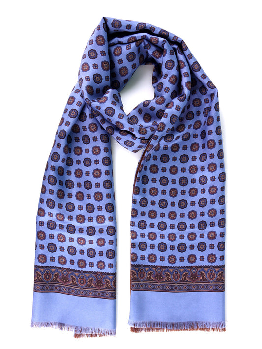 MIMOSA light blue printed silk/wool double-faced scarf
