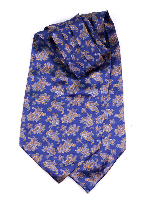 Blue double-pointed ascot in printed satin silk NERUDA