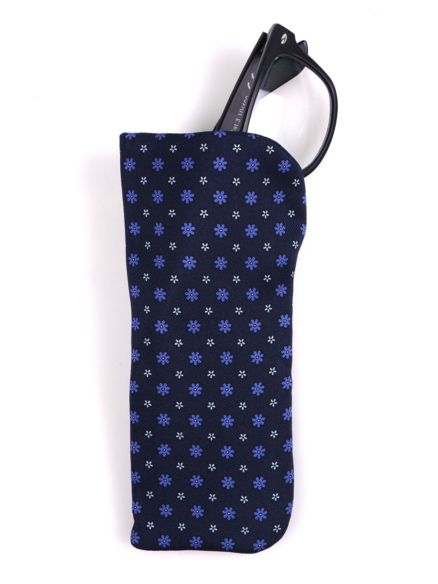 Navy blue NUMBER glasses case in English printed silk