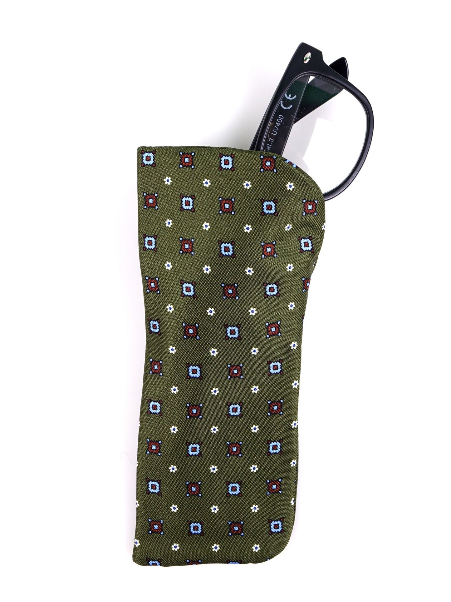 Green OLIMPIA glasses case in English printed silk