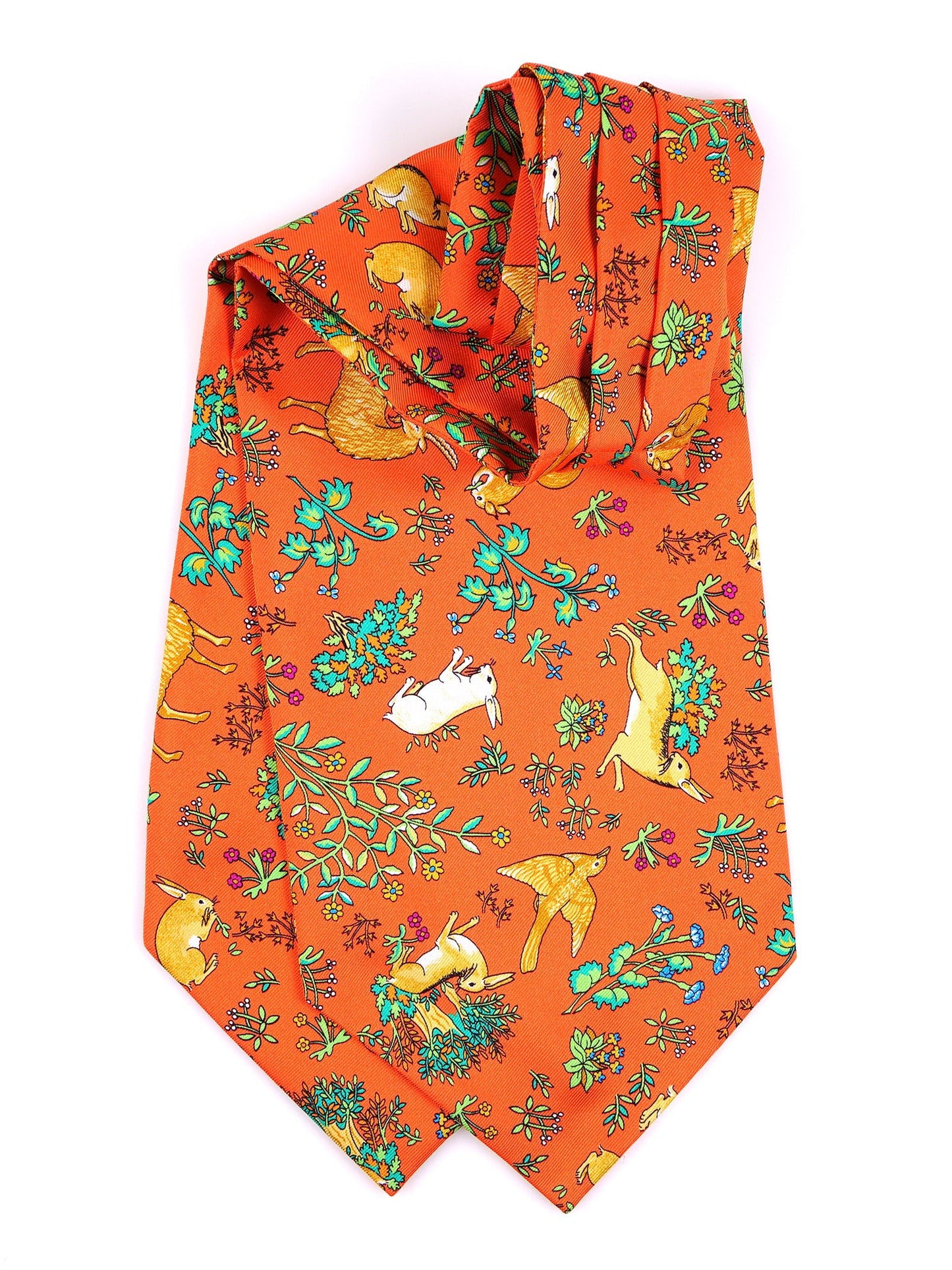 Orange double-pointed ascot in English printed silk PETALO