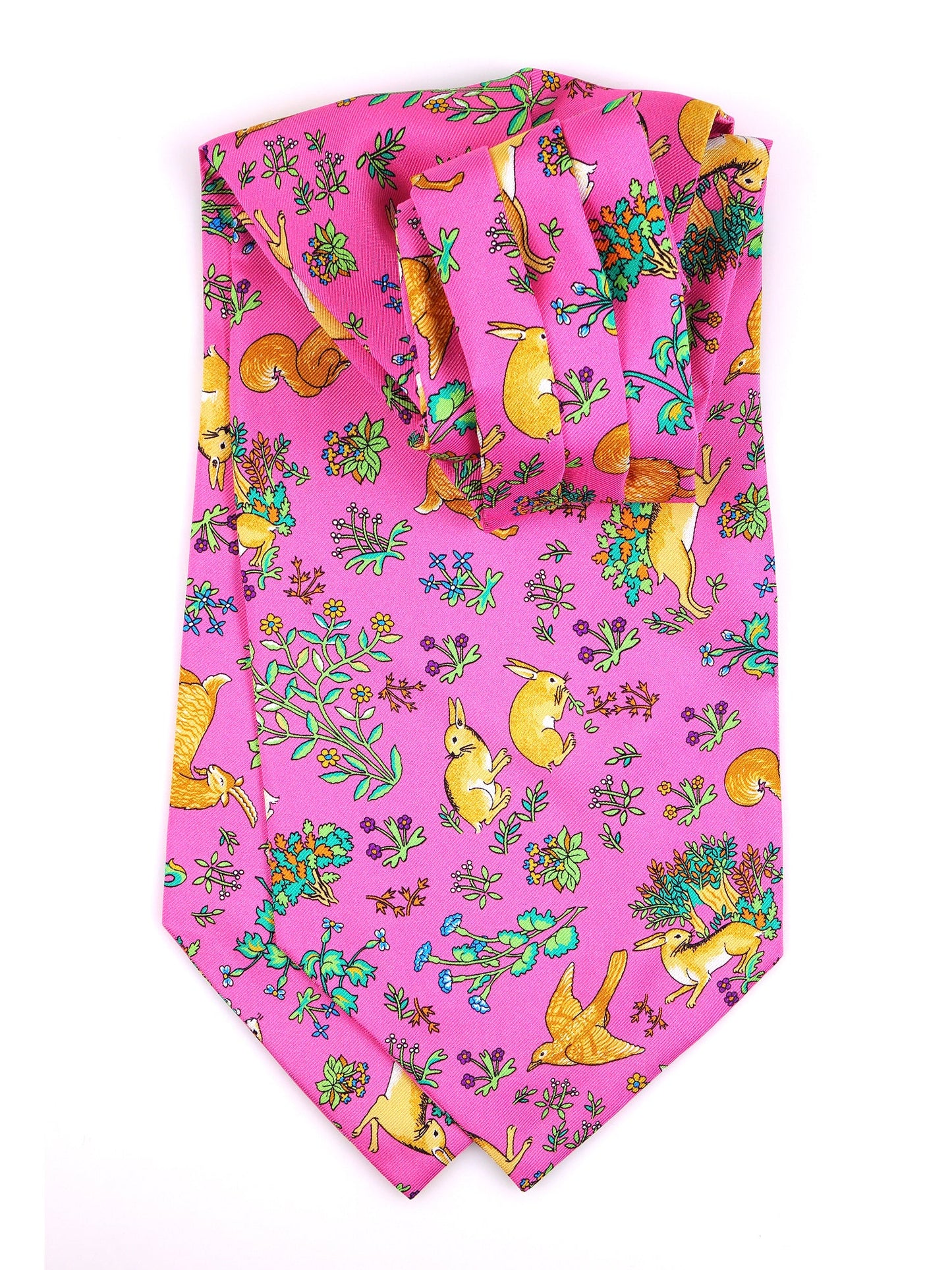Pink double-pointed ascot in English printed silk PETALO