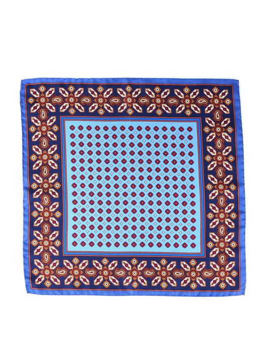 Light Blue Silk Pocket Square with ROSARIO Print