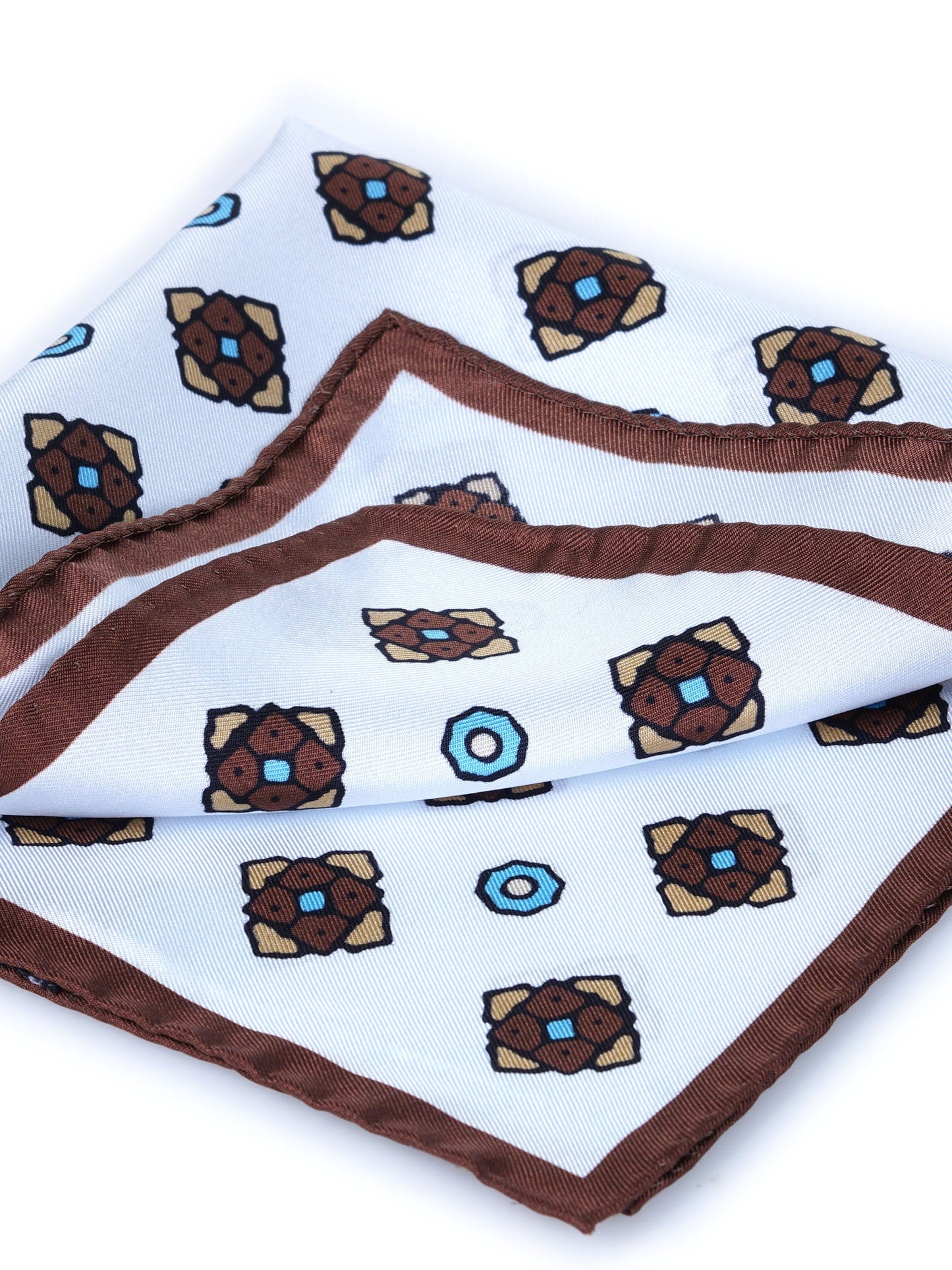 White/Brown Printed Pure Silk Pocket Square ALMA