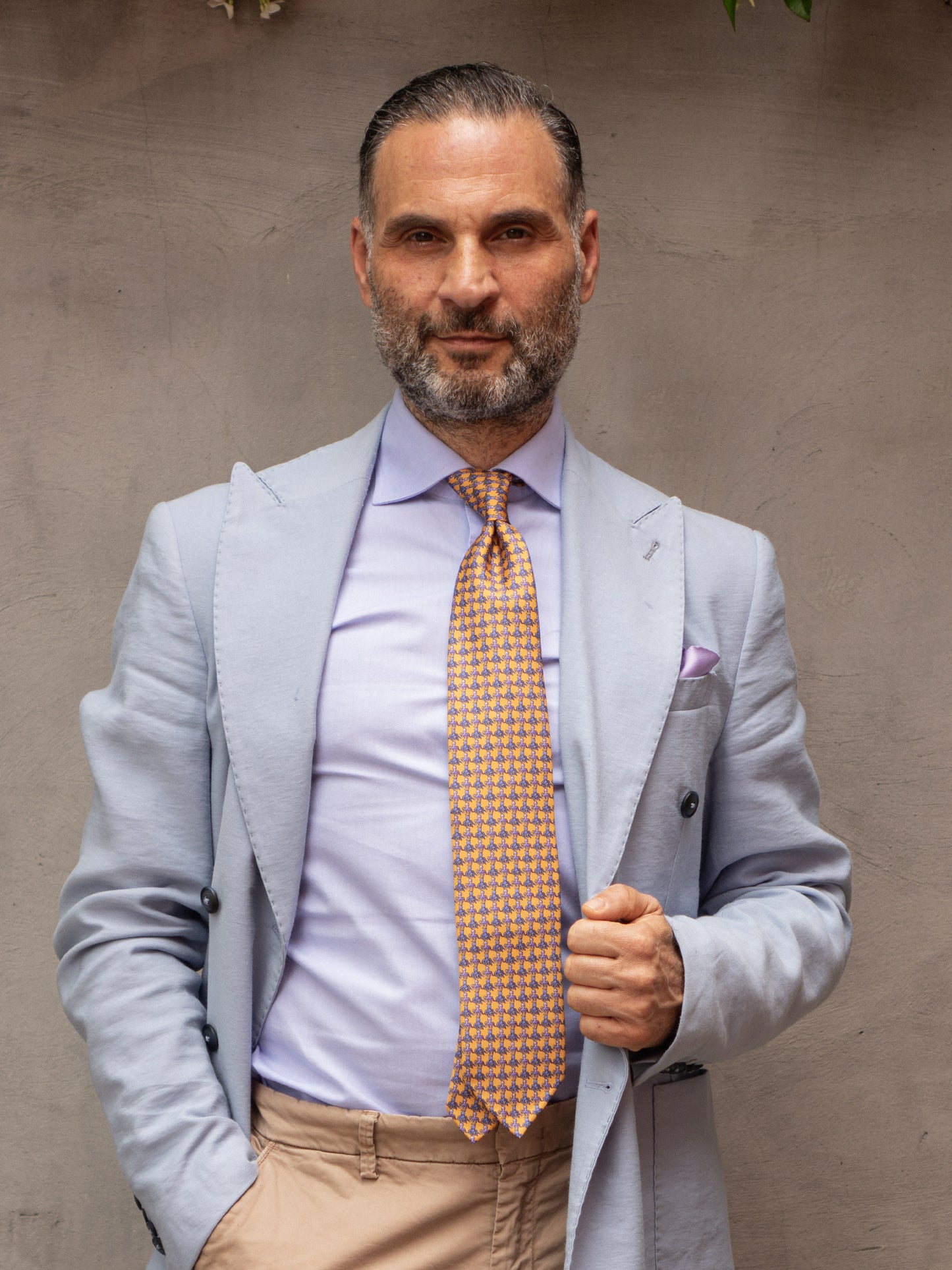 Unlined 3 fold tie POLIPO in pure printed silk Orange
