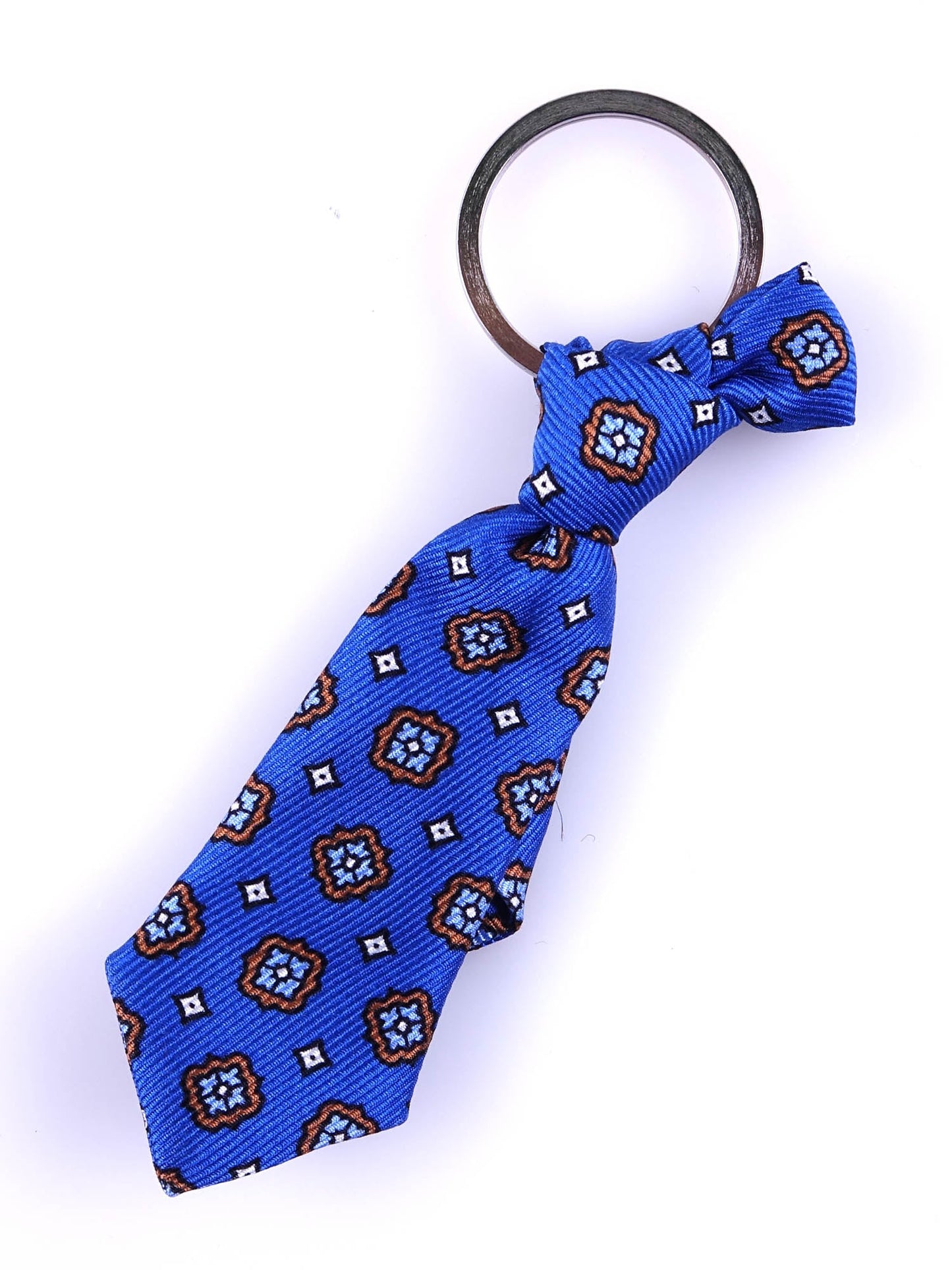 Blue Tie Keychain in Luxury Pure Silk with Steel Ring