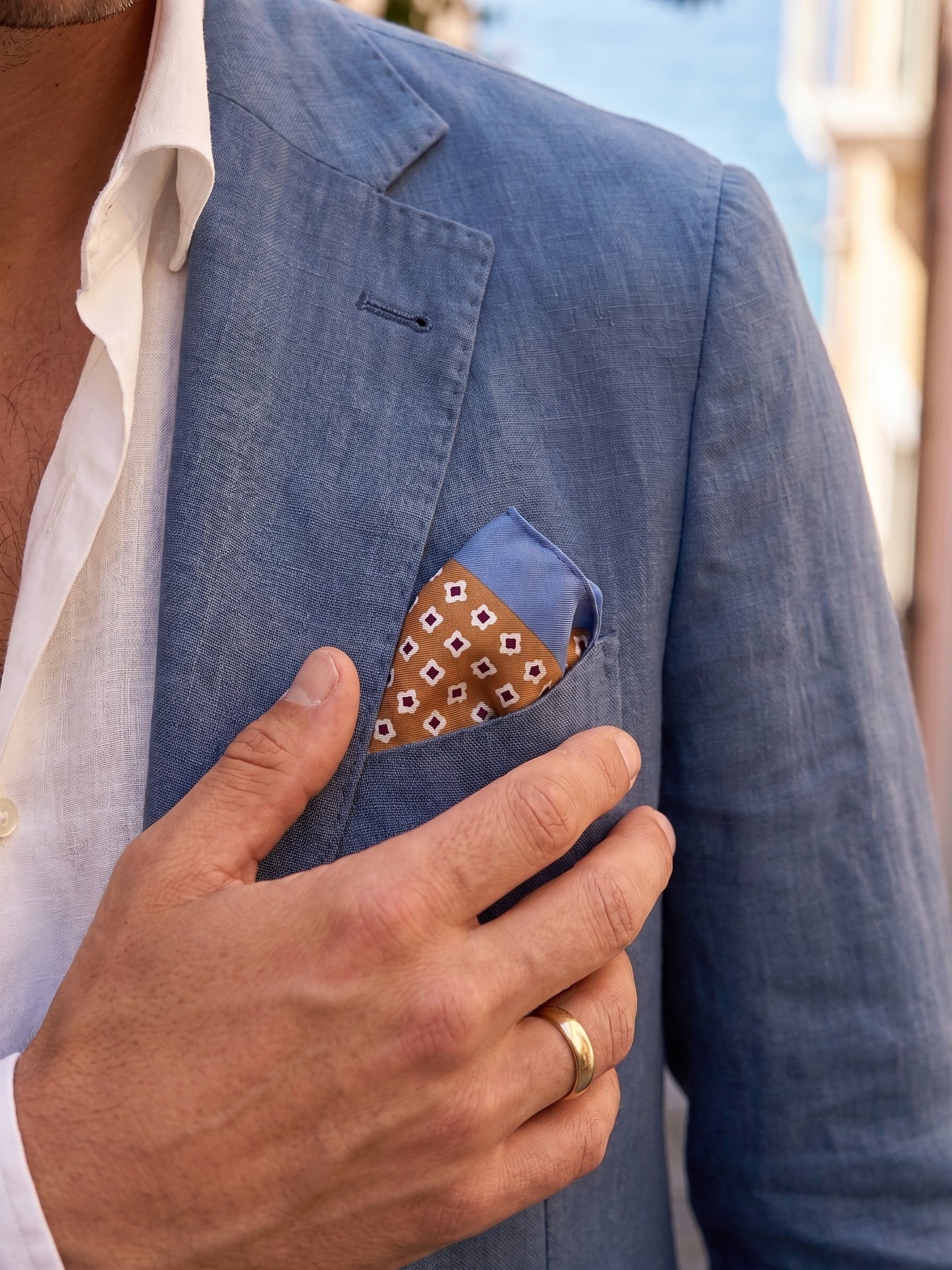 Light brown printed silk pocket square RAVEN