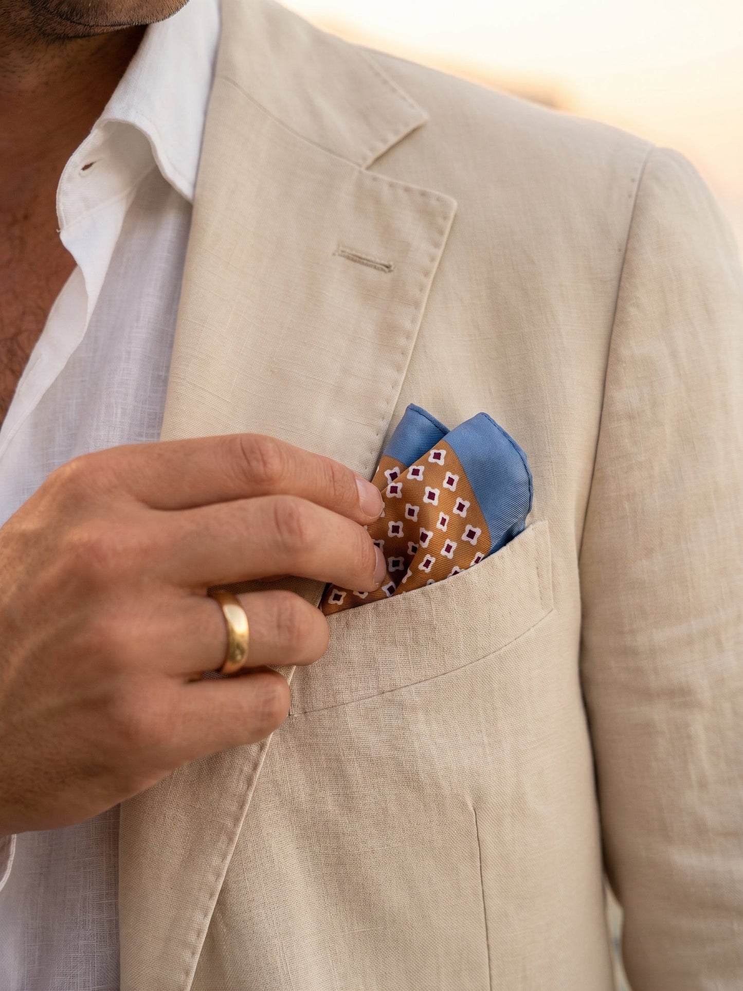 Light brown printed silk pocket square RAVEN