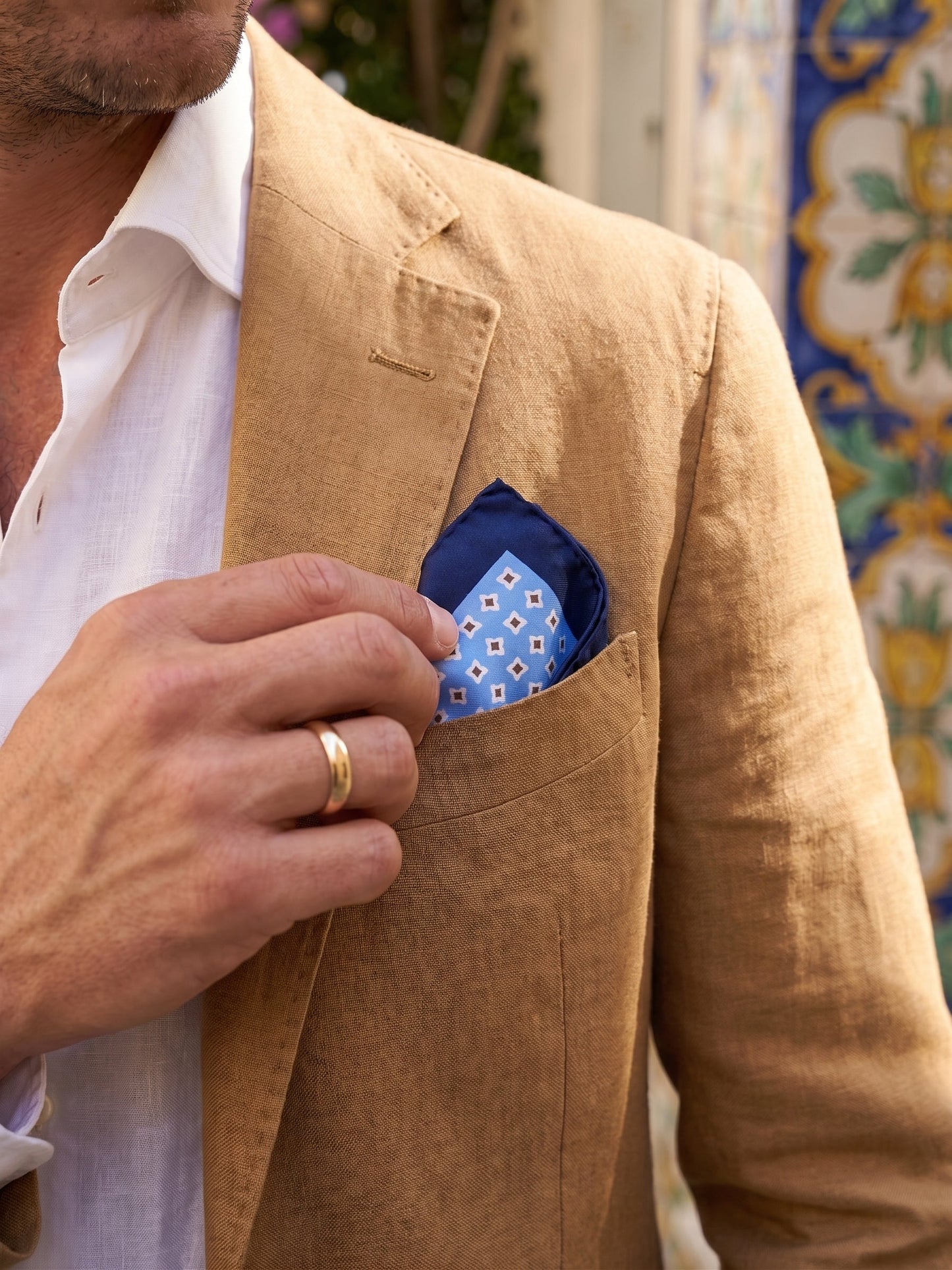Light blue printed silk pocket square RAVEN