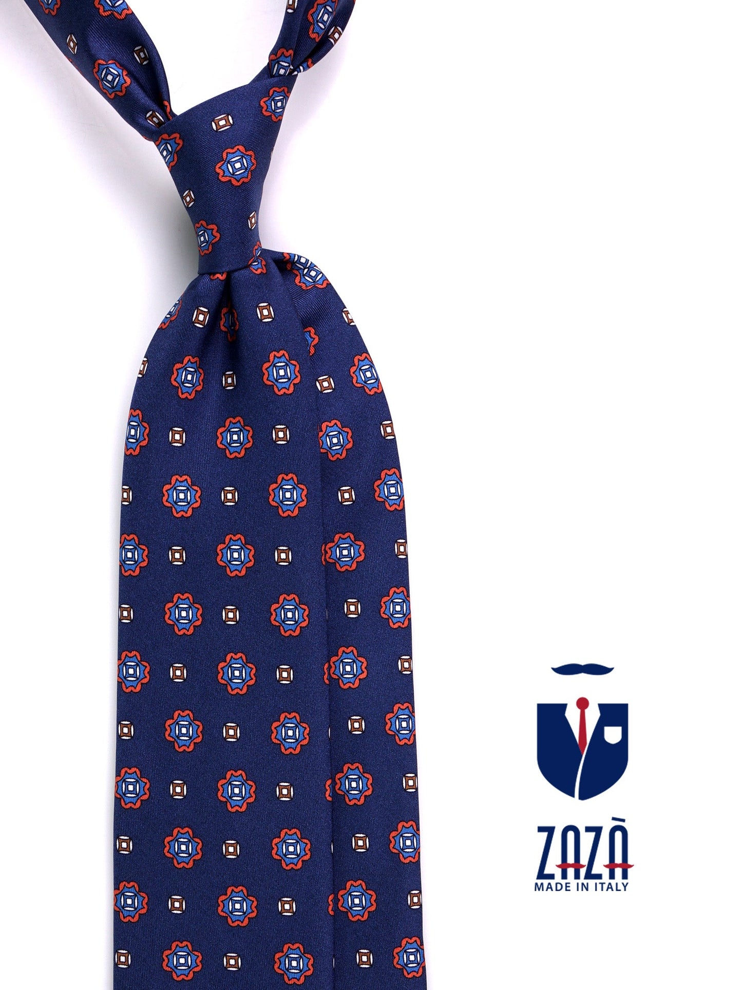 Blue printed silk RIFF 3-fold tie