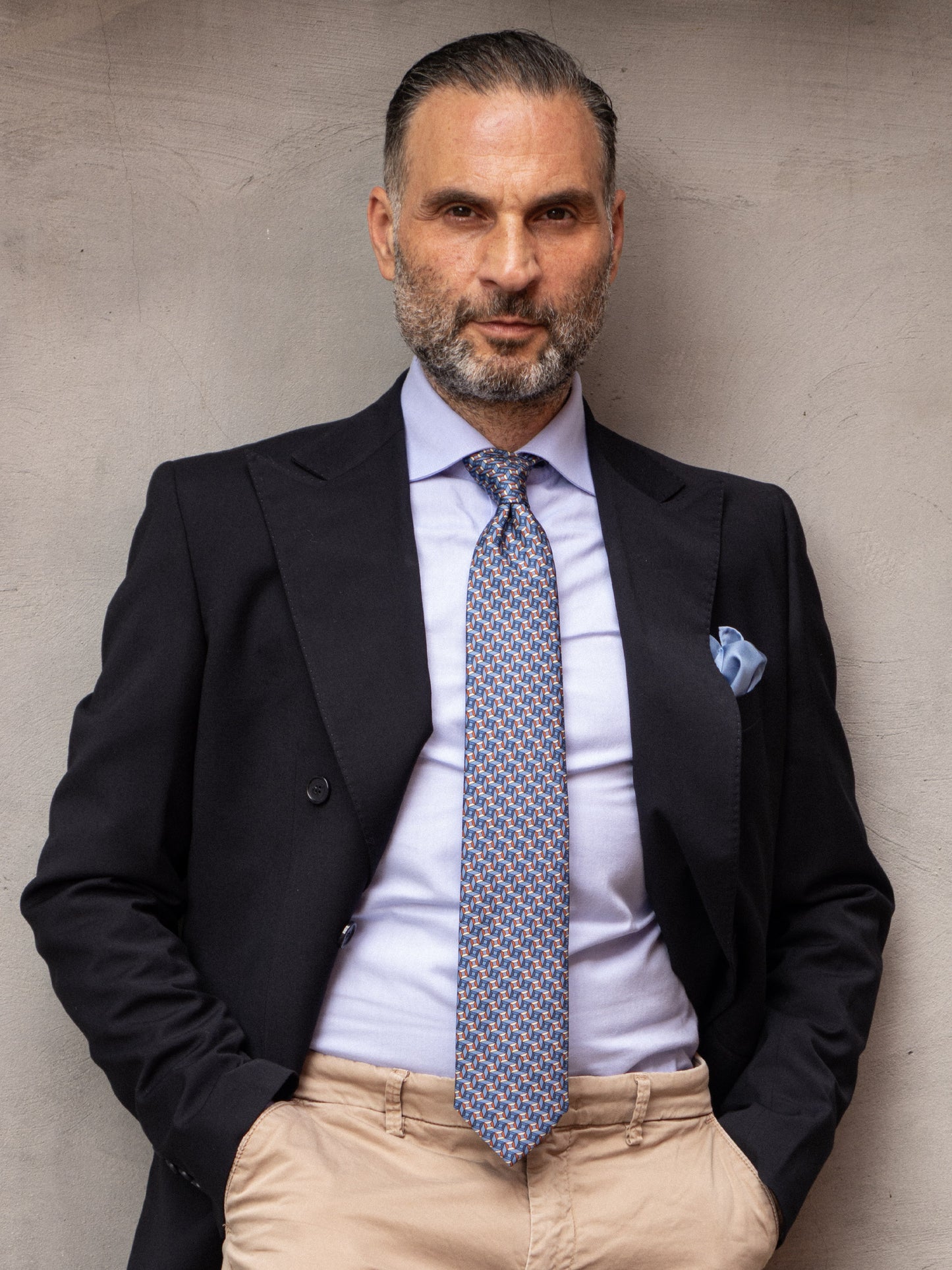 Tailored 3 fold tie ROMBOID in printed silk light blue