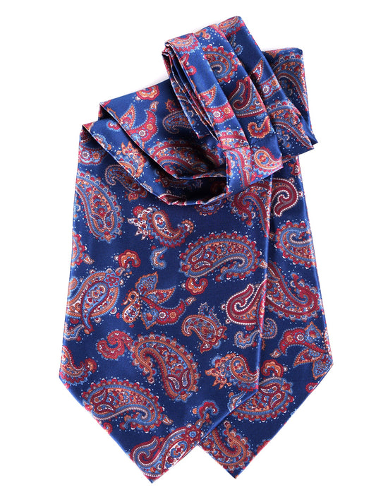 Blue double-pointed printed satin silk Ascot RONALD