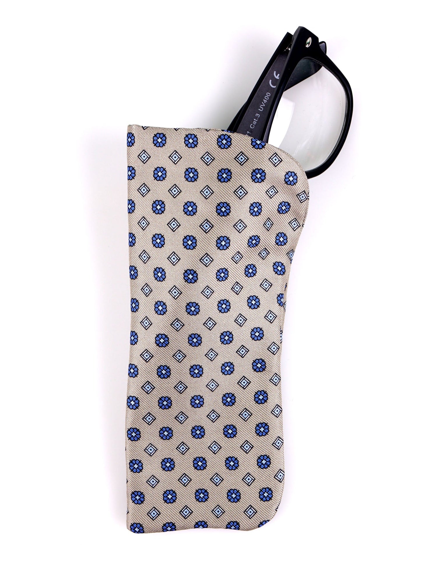 Light brown SABATA glasses case in English printed silk