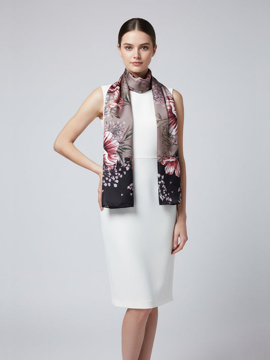Beige silk satin printed VALENTINE shawl scarf