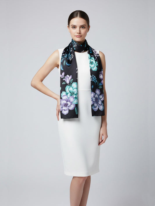 Black silk satin scarf stole printed BARBERA