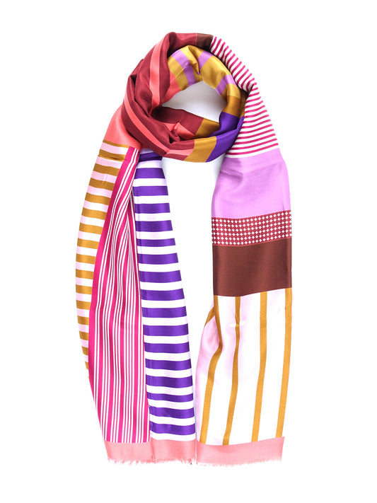 Coral Scarf in pure printed silk double with Red STRIPED wool