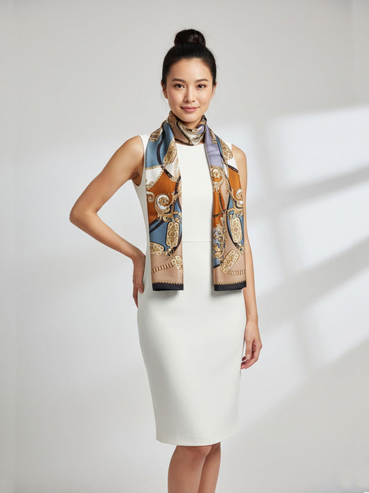 Green/Beige Printed Pure Silk Stole Scarf BERENIKE