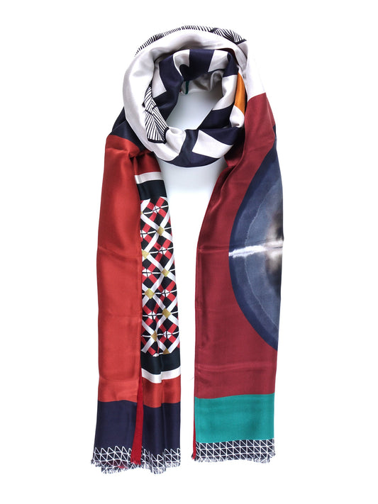 Green Silk Scarf Printed Double with Red ETHNIC Wool