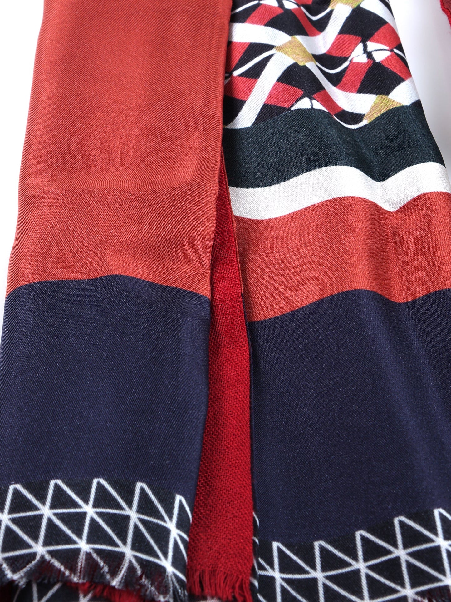 Green Silk Scarf Printed Double with Red ETHNIC Wool